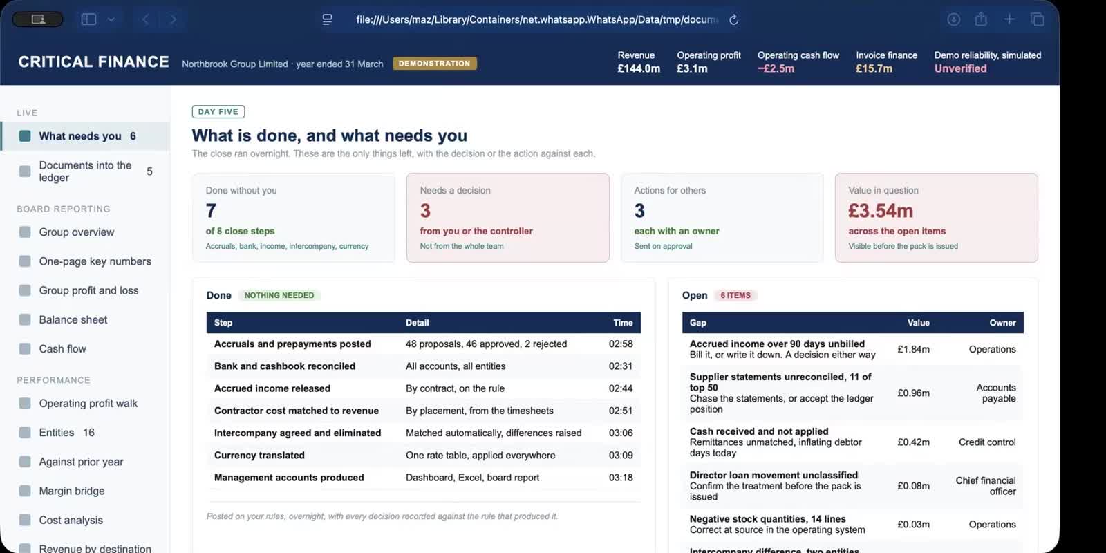 Critical Finance close control screen