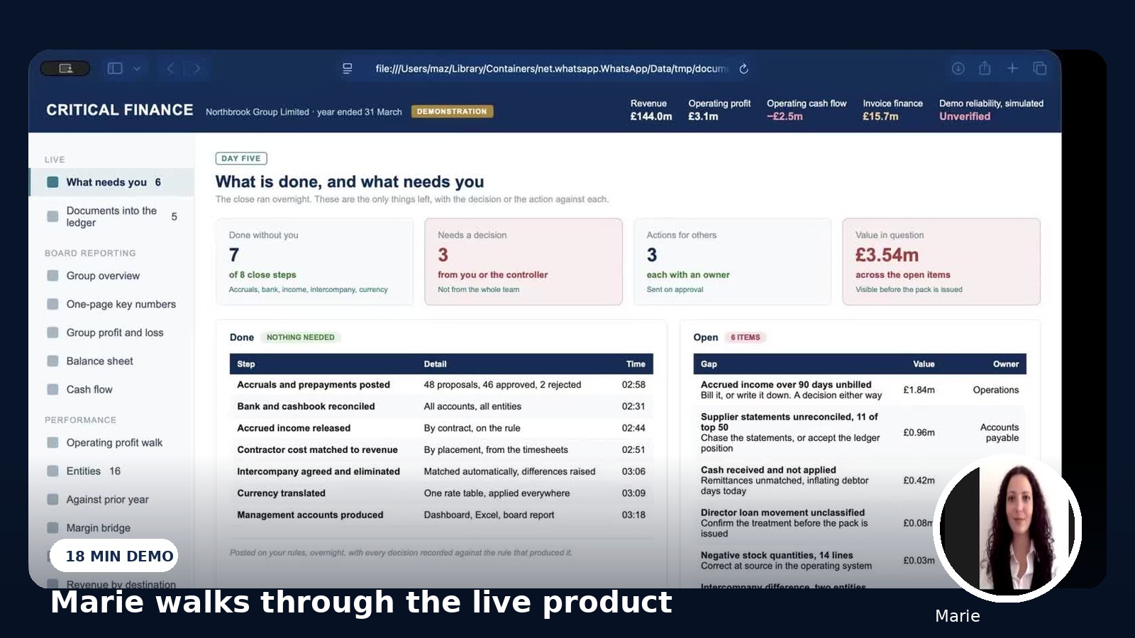 Critical Finance product demonstration showing the close control screen